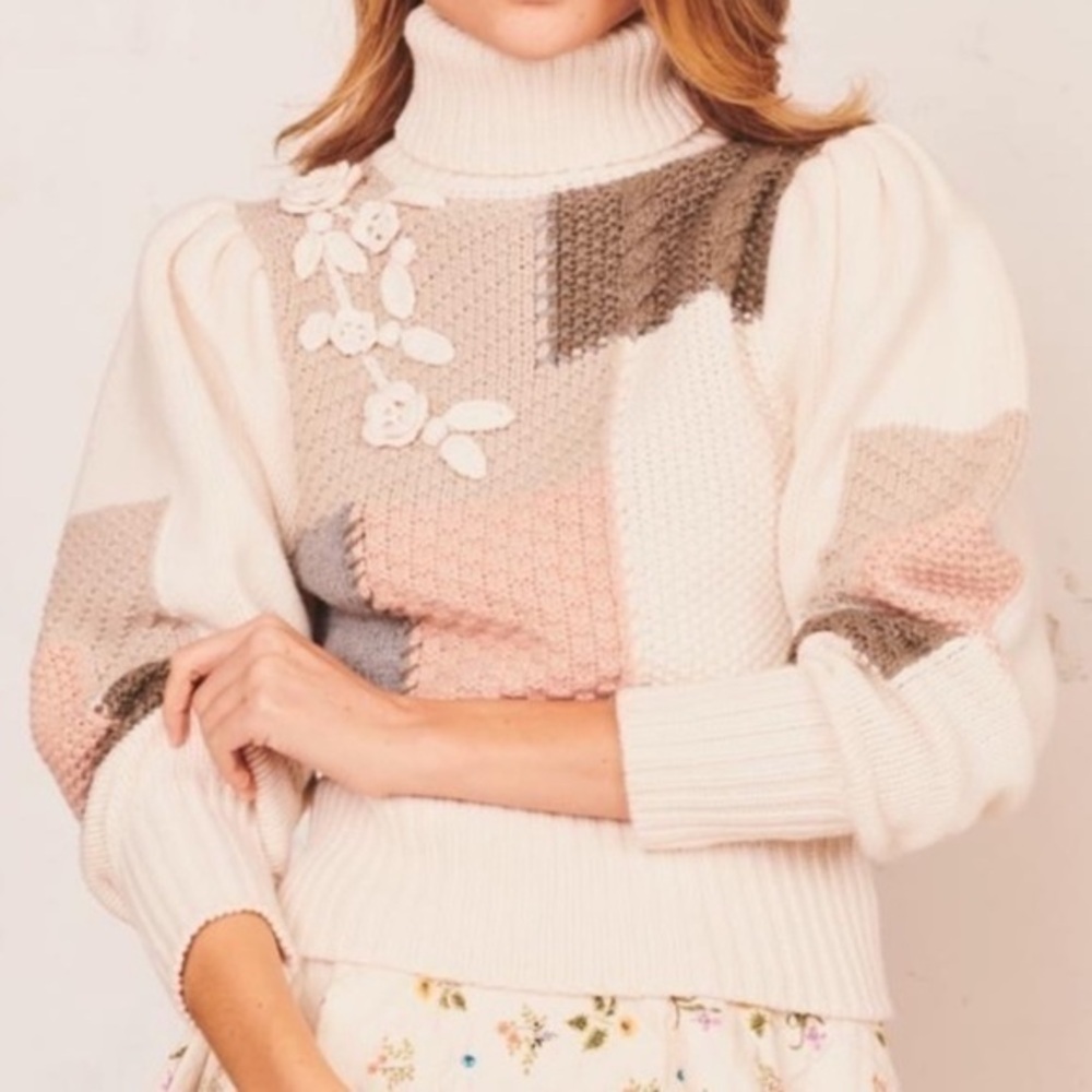 LoveShackFancy Allan Pullover Sweater Morning Dew Cream Multi Size Size M